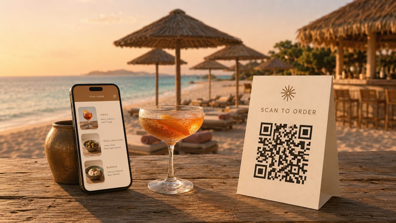 A Mediterranean beach bar at golden hour — a phone showing the drinks menu and a Scan to Order QR card on a teak counter by the sea.