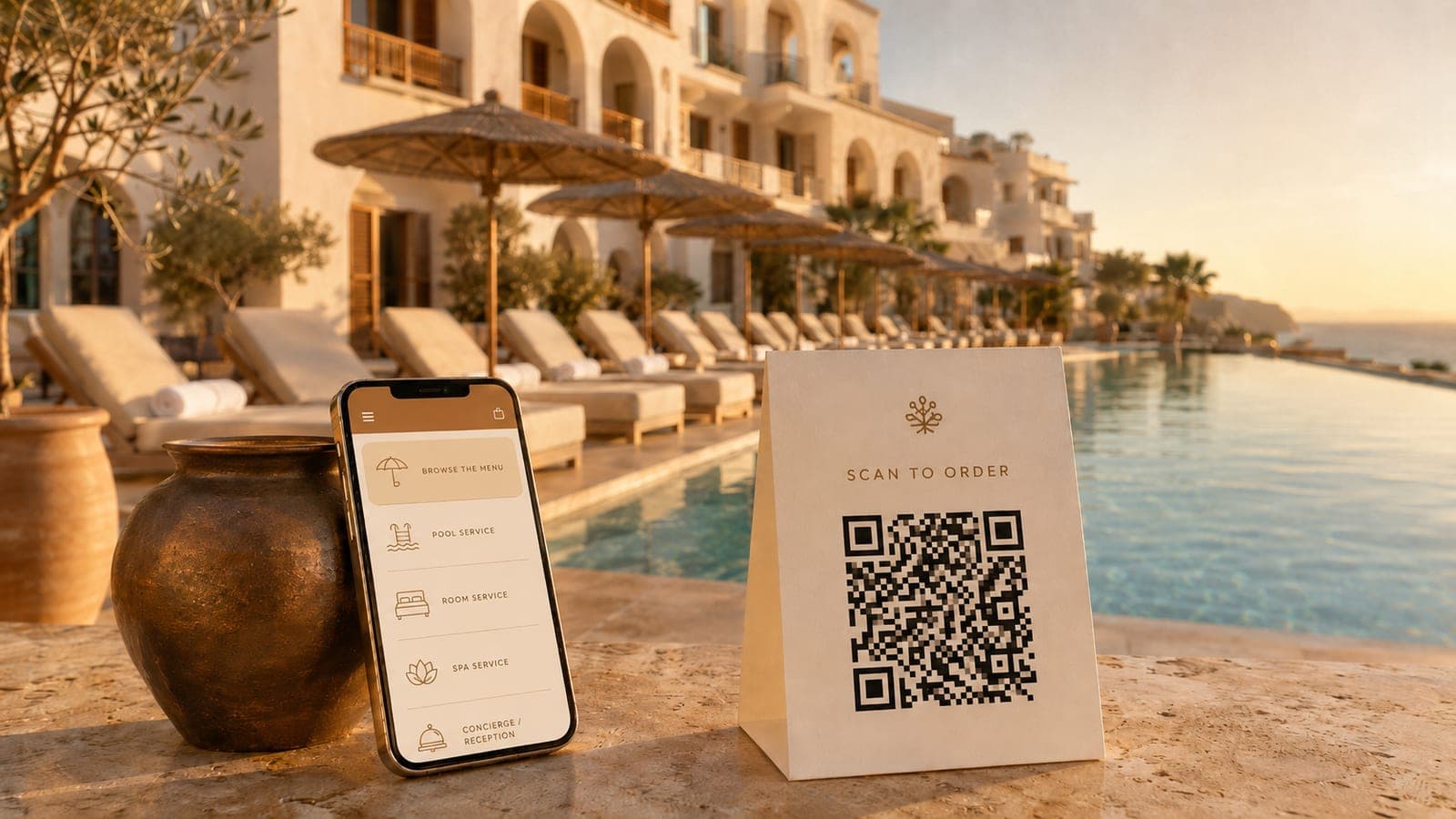 A Mediterranean resort pool deck at golden hour — a phone showing the guest-services app and a Scan to Order QR card on a travertine ledge.