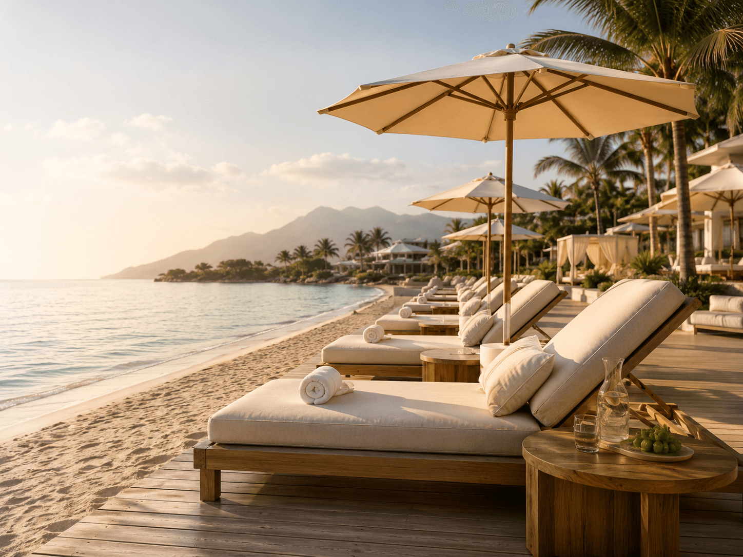 A row of luxury sunbeds with parasols on the beach at golden hour