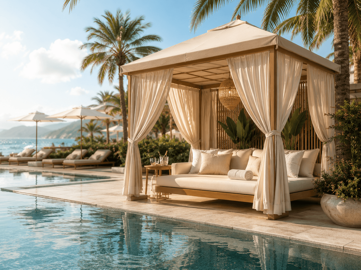 A poolside cabana with curtains, plush cushions, and palm trees