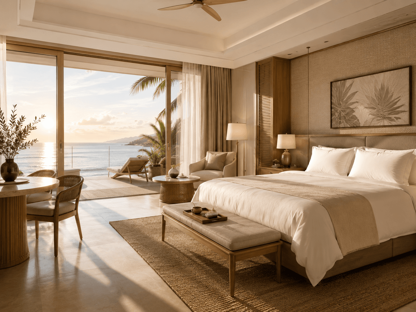A luxury suite interior with ocean-view sliding doors and a king bed