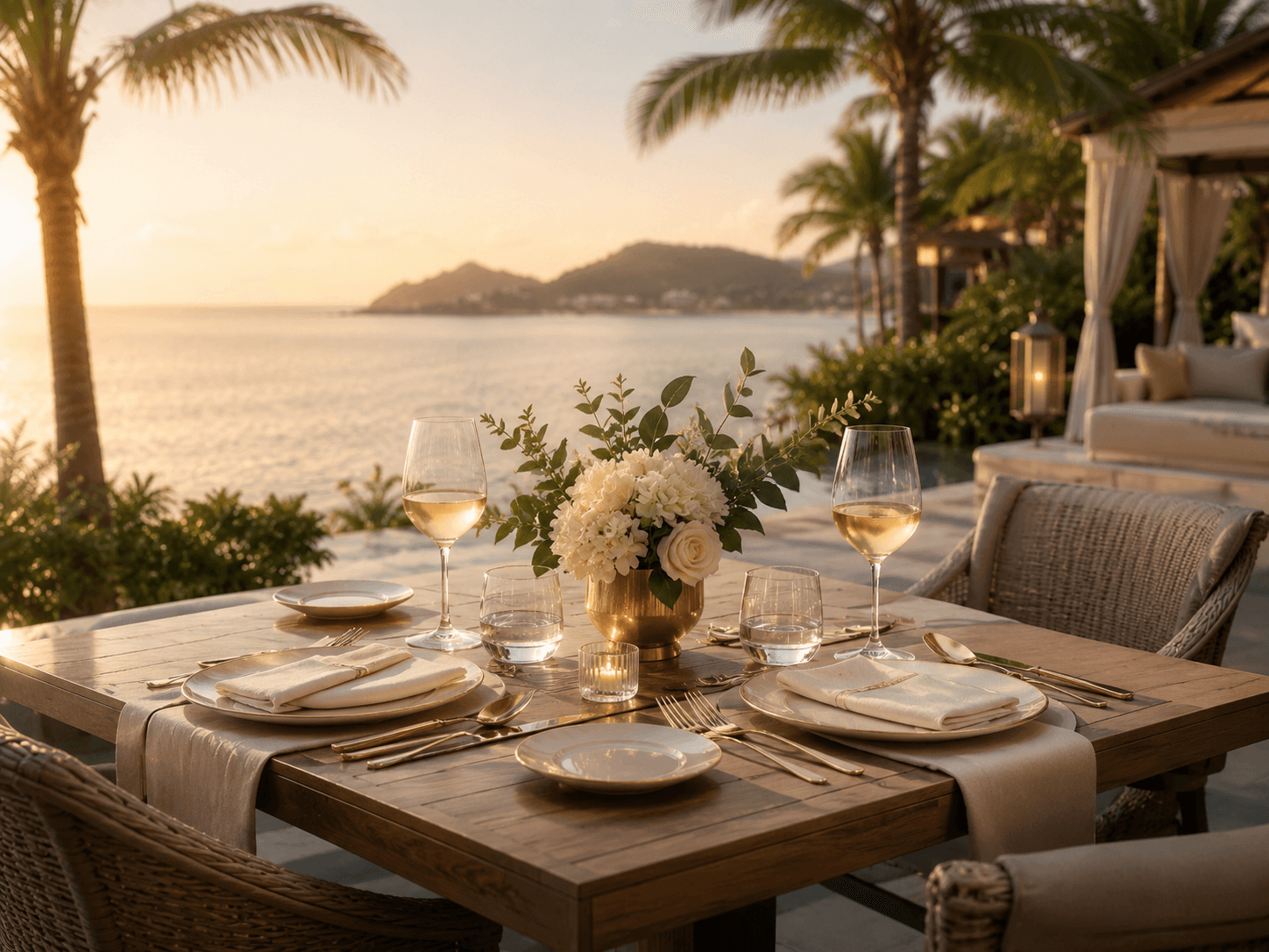 A set restaurant table with wine glasses and white flowers at sunset, overlooking the ocean